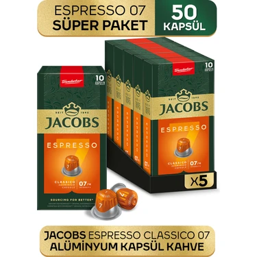 Jacobs Espresso 7 Classico Nespresso Uyumlu Alüminyum Kapsül Kahve 10 Adet X 5