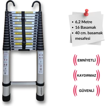 Endokon 620 Cm. - 16  Basamaklı Kancalı Teleskobik / Teleskopik Alüminyum Merdiven - I Tipi Uzayan