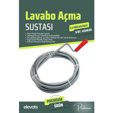 Elevats Premium 8 Metre Lavabo Açma Sustası Lavabo Gider Boruları Açma
