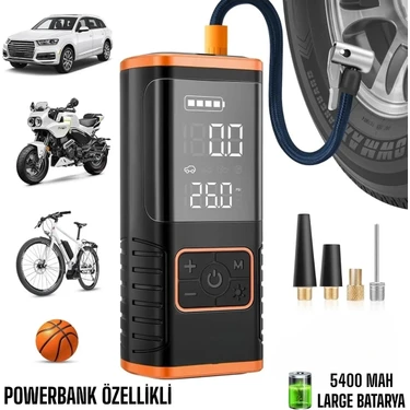 Dijital Ekranlı 5400 Mah 4ın1 Şarjlı Taşınabilir Araç Lastik Top Şişirme Pompası Oto Hava