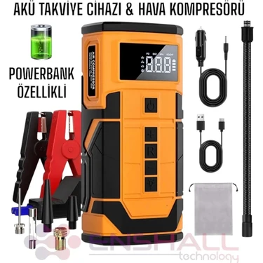 Kablosuz Şarjlı Taşınabilir Araç Akü Takviyeli, Powerbank Destekli Oto Hava