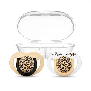 Mamajoo Ortodontik Emzik Seti 6 Ay+ Beige Leopard | İkili, Silikon, Damaklı | Sterilizasyon &