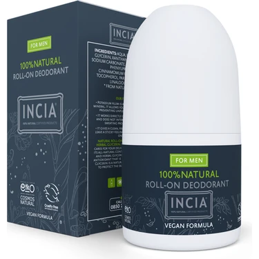 INCIA %100 Doğal Roll On Deodorant Erkekler İçin Lekesiz 50