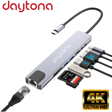 Daytona Multifunction-02 8 In 1 Type-C™ to 4K HDMI Tv Projeksiyon Ultra Hd 1080P 2*Type-C 2*USB 3.0