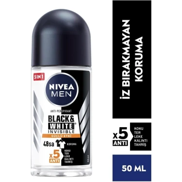 NIVEA Men Erkek Roll On Deodorant Black&White Invisible Güçlü Etki 50ml; Ter ve Ter Kokusuna Karşı