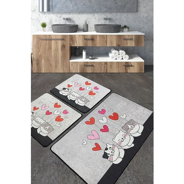 Chilai Home Kitten Banyo Halısı Djt 3 Lü Set Banyo Halısı Paspas Kaymaz Taban