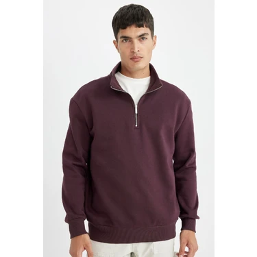 DeFacto Koyu Bordo Comfort Regular Fit Rahat Kalıp Dik Yaka Fermuarlı Kalın Basic Düz Sweatshirt