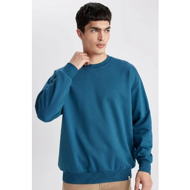 DeFacto Oversize Geniş Kalıp Bisiklet Yaka Basic Düz Sweatshirt