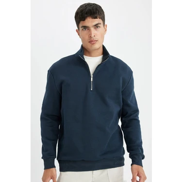 DeFacto Lacivert Comfort Regular Fit Rahat Kalıp Dik Yaka Fermuarlı Kalın Basic Düz Sweatshirt