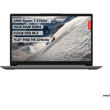 Lenovo Ideapad 1 AMD Ryzen 7 5700U 16GB 512GB SSD Freedos 15.6" FHD Taşınabilir Bilgisayar