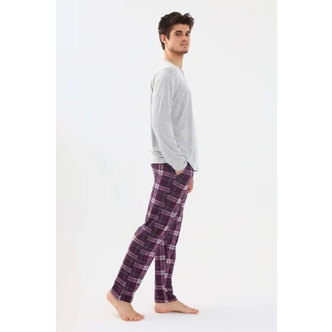 Erkek Pamuklu Uzun Kollu Önü Patlı Ekose Desenli Pijama