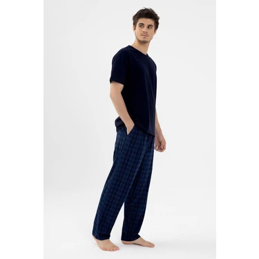 Erkek Pamuklu Kısa Kollu Lacivert Ekose Desenli Cep Detaylı Pijama