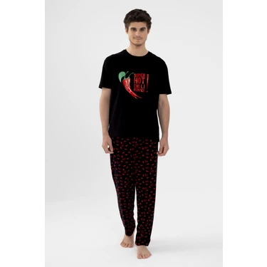 Koza İç Giyim Erkek Pamuklu Kısa Kollu Chilli Baskılı Cep Detaylı Pijama