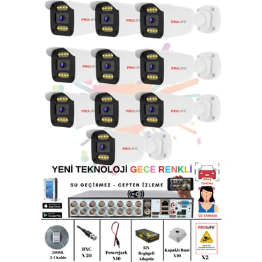 Prolife 10 Kameralı Gece Renkli White Warm Ledli Yüz ve Araç Algılamalı 5 Mp Kuruluma Hazır