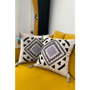 e-bizz store Gri Punch Nakışlı Kırlent Kılıfı 43 x 43 cm Pamuklu Malzeme ile Şık Desen 2