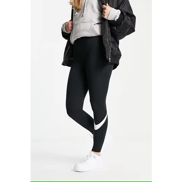 Nike Sportswear Essential Mid Rise Swoosh Leggings Plus Büyük Beden Kadın Siyah Günlük Stil