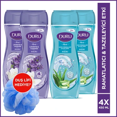 Duru Moods Deniz Mineralleri&aloe Vera + Lavanta & Yasemin Duş Jeli 4X450 ml Duş Lifi Ile