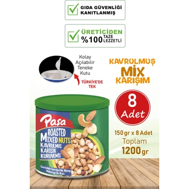 Paşa Kuruyemiş Kavrulmuş Karışık Kuruyemiş Teneke Kutu 150 gr x 8 Adet (1.