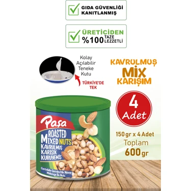 Paşa Kuruyemiş Kavrulmuş Karışık Kuruyemiş Teneke Kutu 150 gr x 4 Adet (1.