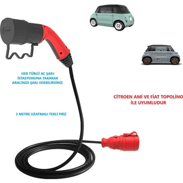 Bemis Citroen Ami ve Fiat Topolino, 3 Metre Uzatmalı, Ac Şarj Kablosu C2L ( Tekli-Ikili-Üçlü Priz