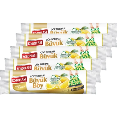 Koroplast Ekstra Güçlü Büyük Boy Limon Kokulu Büzgülü Çöp Torbası 10'lu x 5 Adet Sarı