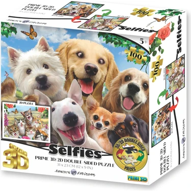 Prime 3D Köpek ve Kedi Selfie Çift Taraflı Puzzle 100 Parça Fiyatı