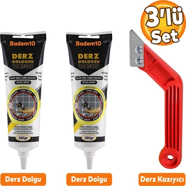 Badem10 (3'lü Set) Fayans Arası Beyaz Hazır Derz Boyama Dolgusu + Derz Kazıyıcı