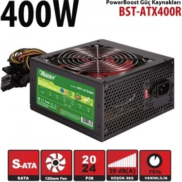 PowerBoost BST-ATX400R 400w, PPFC 12cm Siyah Fanlı ATX PSU Power kablo (Retail Box) Güç