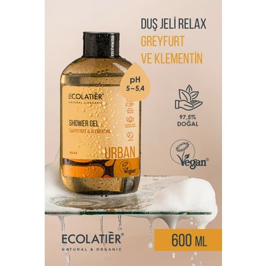 ECOLATIER Duş Jeli Relax, %97,5 Doğal Vücut Şampuanı Greyfurt ve Klementin, 600