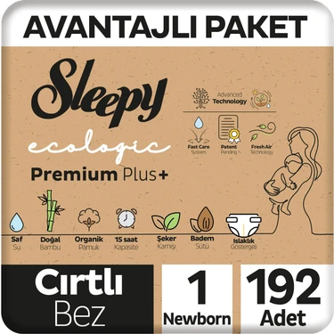 Sleepy Ecologic Premium Plus Avantajlı Paket Bebek Bezi 1 Numara Yenidoğan 192