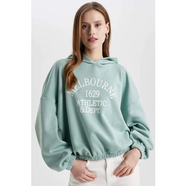 DeFacto Relax Fit Kapüşonlu Baskılı Etek Ucu Lastikli Kalın Sweatshirt