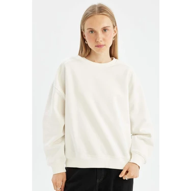 DeFacto Coool Oversize Geniş Kalıp Bisiklet Yaka Kalın Basic Düz Sweatshirt