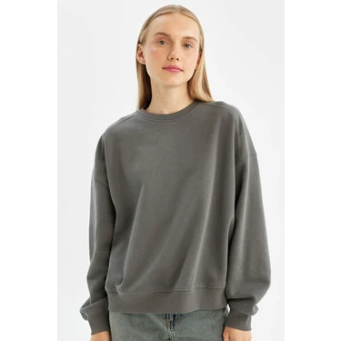 DeFacto Coool Oversize Geniş Kalıp Bisiklet Yaka Kalın Basic Düz Sweatshirt