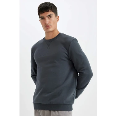 DeFacto Regular Fit Bisiklet Yaka Kalın Basic Düz Sweatshirt