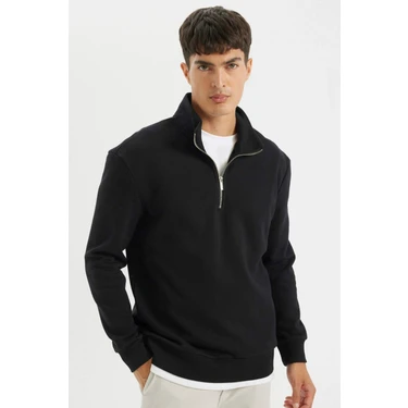 DeFacto Comfort Regular Fit Rahat Kalıp Fermuarlı Dik Yaka Basic Düz Sweatshirt