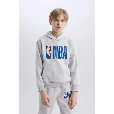 DeFacto Erkek Çocuk Gri NBA Wordmark Kapüşonlu Kalın Sweatshirt