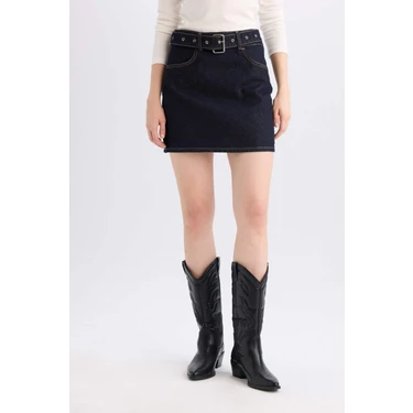 DeFacto Fashion Fit Soluk Efektli Cepli Kemerli Jean Mini Etek
