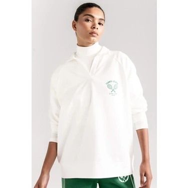 DeFactoFit Oversize Geniş Kalıp Polo Yaka Spor Baskılı Sporcu Sweatshirt