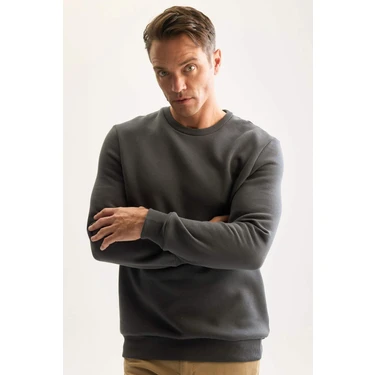 DeFacto 3 İplik Pamuklu Şardonlu İçi Polarlı Regular Fit Bisiklet Yaka Kalın Sweatshirt