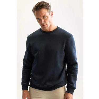 DeFacto Lacivert 3 İplik Pamuklu Şardonlu İçi Polarlı Regular Fit Bisiklet Yaka Kalın Sweatshirt