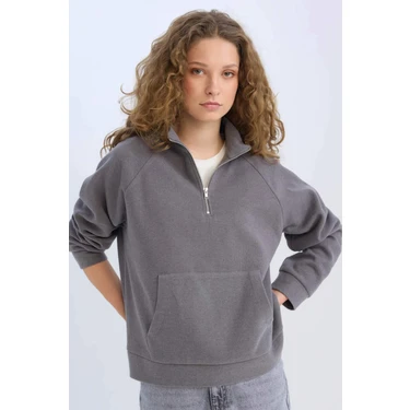 DeFacto Oversize Geniş Kalıp Basic Düz Kanguru Cepli Fermuarlı Polo Yaka Sweatshirt