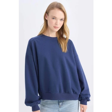 DeFacto Coool Oversize Geniş Kalıp Bisiklet Yaka Kalın Basic Düz Sweatshirt