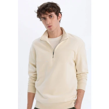 DeFacto Comfort Regular Fit Rahat Kalıp Fermuarlı Dik Yaka Basic Düz Sweatshirt