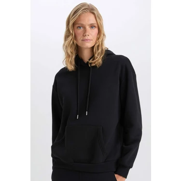 DeFacto Relax Fit Kapüşonlu Kanguru Cepli Kalın Basic Düz Siyah Sweatshirt