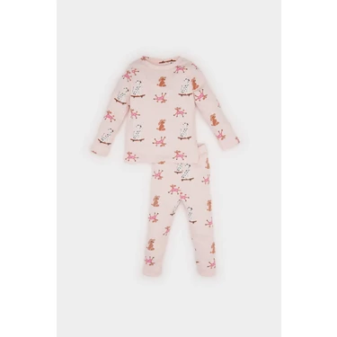 DeFacto Kız Bebek Pijama Takımı Desenli Uzun Kollu Fitilli Kaşkorse Üst Uzun Alt