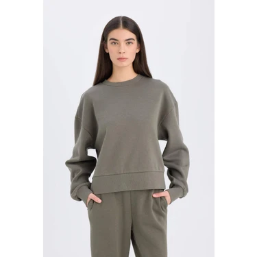 DeFacto Boxy Fit Bisiklet Yaka Kalın Basic Düz Sweatshirt