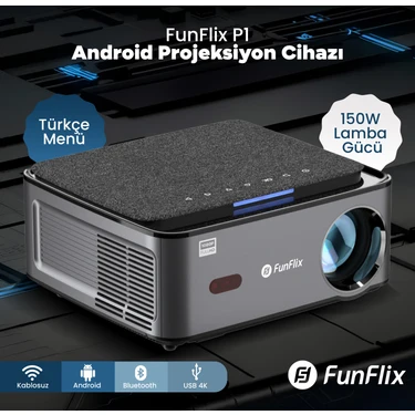 Funflix P1 Android 4K Destekli LED Full Hd Projeksiyon Cihazı, Bluetooth, 150W Lamba, 300 Inç