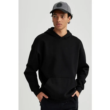 DeFacto Siyah Oversize Geniş Kalıp Kapüşonlu Kanguru Cepli Basic Düz Sweatshirt