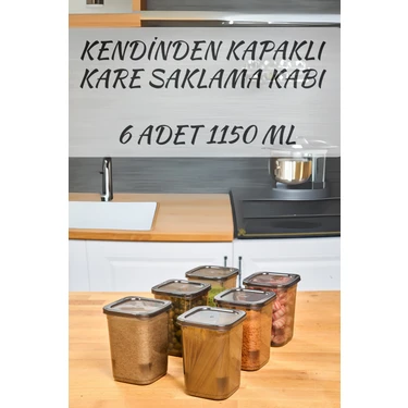 Codemfire 6'Lı Kendinden Kendinden Kapaklı Kare Saklama Kabı, Erzak, Baharat 1,15 Litre