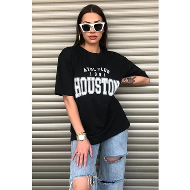 Mercoledi Houston Baskılı Kadın Oversize Siyah T-Shirt Kısa Kol Günlük Rahat